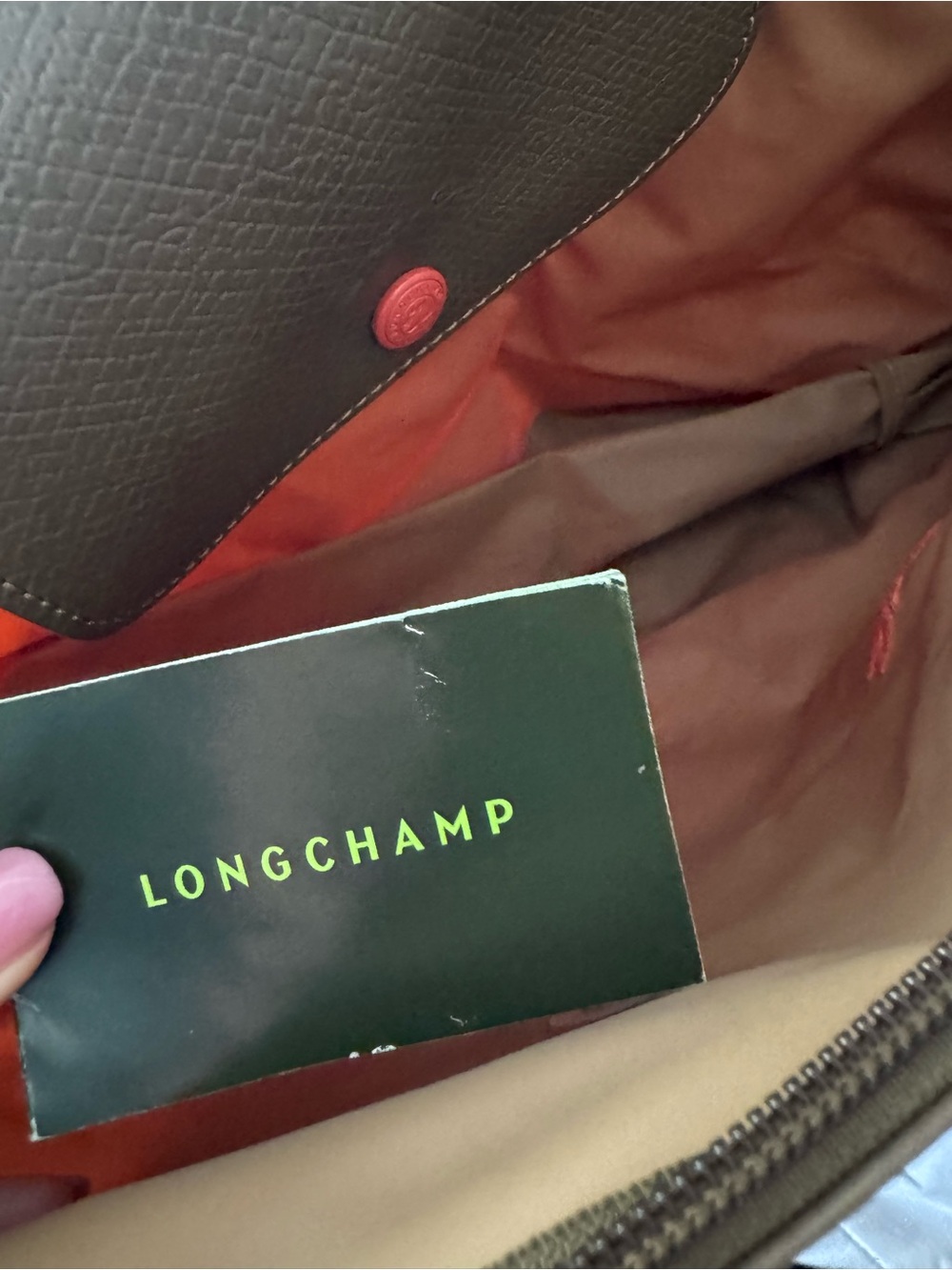 Longchamp Olive Green Nylon Tote with Orange Accent - Picture 5 of 6